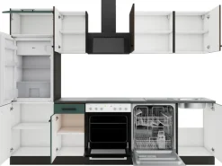 Optifit Rimini409/Verona405 Küchenzeile 270 cm Rillendekor Nussbaum / Steingrün< Winkelküchen