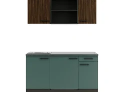 Optifit Miniküchen|Kühlschränke<Rimini409/Verona405 Miniküche 150 cm Rillendekor Nussbaum / Steingrün