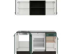 Optifit Miniküchen|Kühlschränke<Rimini409/Verona405 Miniküche 150 cm Rillendekor Nussbaum / Steingrün