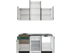 Optifit Miniküchen|Kühlschränke<Rimini409/Verona405 Miniküche 150 cm Rillendekor Nussbaum / Steingrün