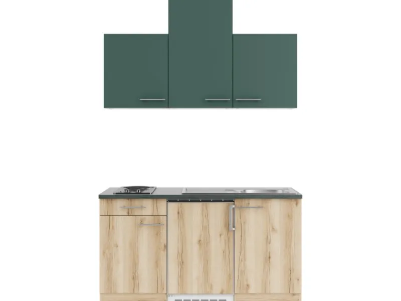 Outlet Optifit Savona405/Livorno290 Miniküche 150 cm Steingrün / Wildeiche Nachbildung