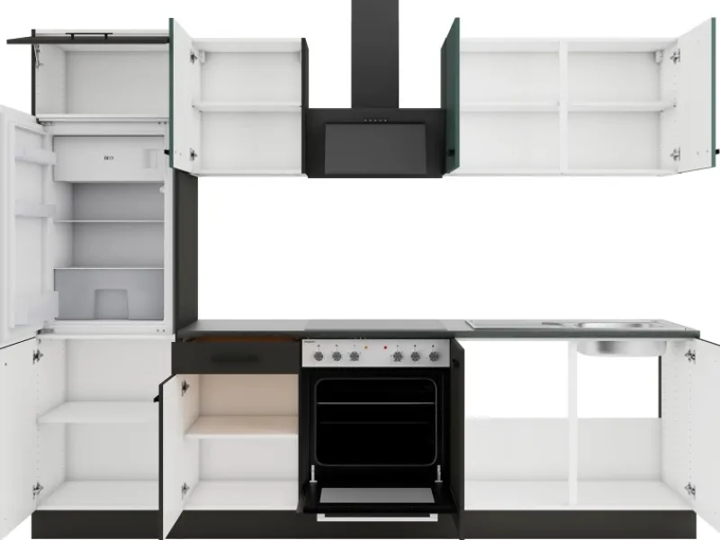 Optifit Verona405/Madrid420 Küchenzeile 270 cm Steingrün / Anthrazit< Kochfelder|Kühlschränke