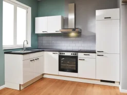 Pino Eckküche 440 cm Weiß Hochglanz Anschlag rechts Arbeitsplatte Beton Grafit< Winkelküchen