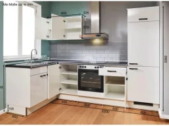 Pino Eckküche 440 cm Weiß Hochglanz Anschlag rechts Arbeitsplatte Beton Grafit< Winkelküchen