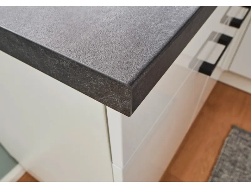Pino Eckküche 440 cm Weiß Hochglanz Anschlag rechts Arbeitsplatte Beton Grafit< Winkelküchen