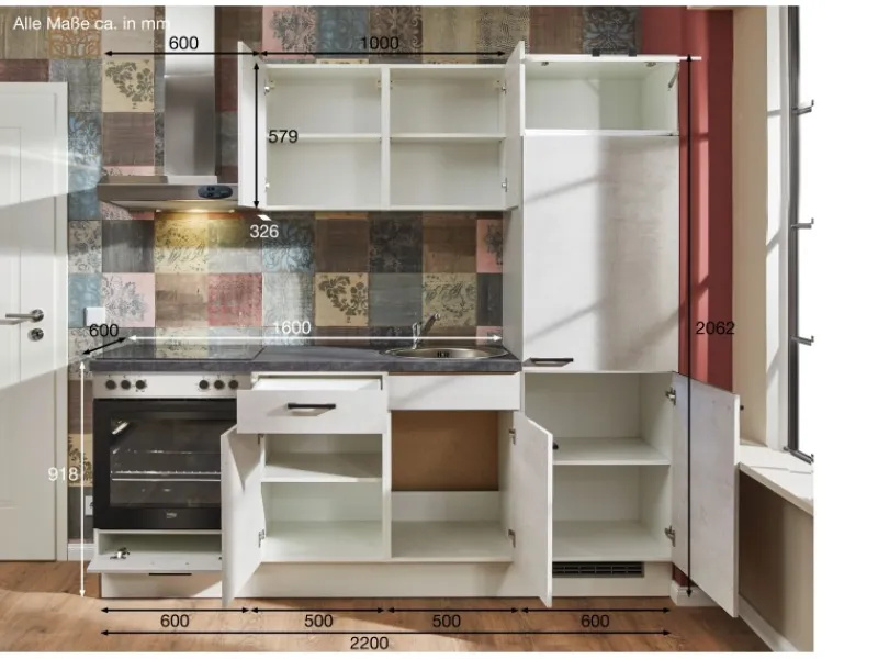 Pino Küchenzeile 220 cm Beton Weißgrau Anschlag rechts 1 Geräteschrank< Kühlschränke
