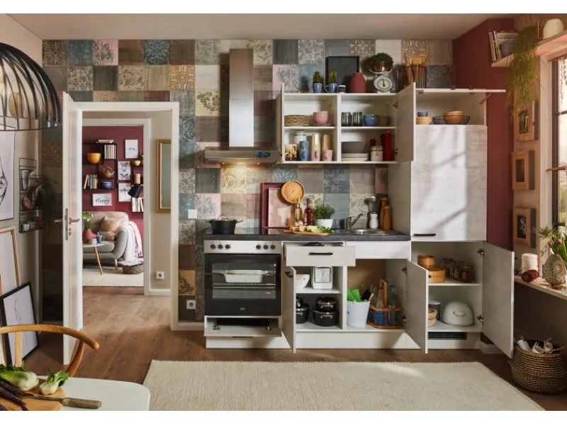 Pino Küchenzeile 220 cm Beton Weißgrau Anschlag rechts 1 Geräteschrank< Kühlschränke