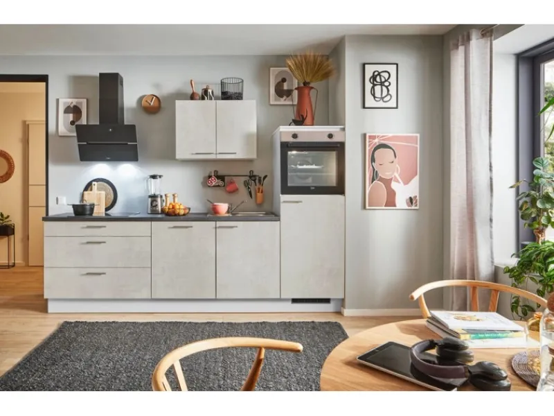 Clearance Pino Küchenzeile 250 cm Beton Weißgrau Anschlag rechts 1 Geräteschrank