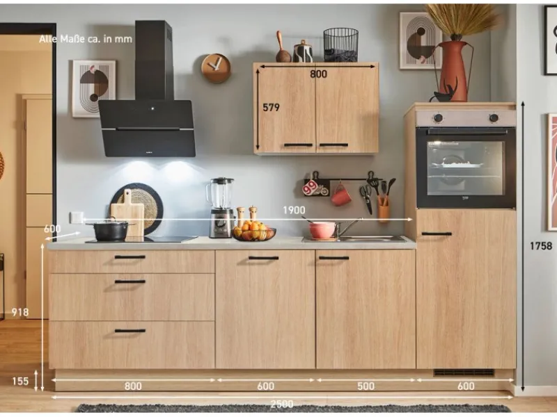 Pino Kühlschränke<Küchenzeile 250 cm Eiche Aviva Anschlag rechts 1 Geräteschrank