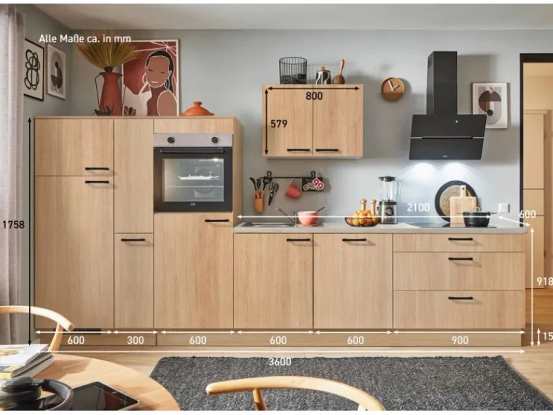 Pino Kochfelder|Kühlschränke<Küchenzeile 360 cm Eiche Aviva Anschlag links 1 Geräte-, 1 Apothekerschrank