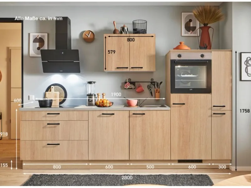 Pino Küchenzeile 280 cm Eiche Aviva Anschlag rechts 1 Geräte-. 1 Seitenschrank< Kühlschränke