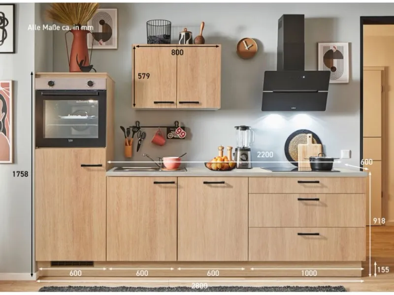 Pino Kochfelder<Küchenzeile 280 cm Eiche Aviva Anschlag links 1 Geräteschrank
