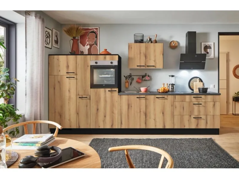 Outlet Pino Küchenzeile 360 cm Evoke Eiche Anschlag links 1 Geräte-, 1 Apothekerschrank