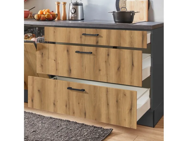 Outlet Pino Küchenzeile 360 cm Evoke Eiche Anschlag links 1 Geräte-, 1 Apothekerschrank