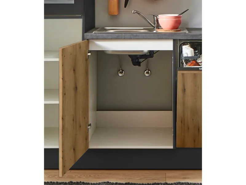Outlet Pino Küchenzeile 360 cm Evoke Eiche Anschlag links 1 Geräte-, 1 Apothekerschrank