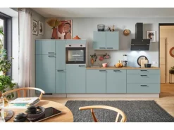 Clearance Pino Küchenzeile 340 cm Fjordgrün Anschlag links 1 Geräte-, 1 Apothekerschrank