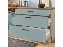 Clearance Pino Küchenzeile 340 cm Fjordgrün Anschlag links 1 Geräte-, 1 Apothekerschrank