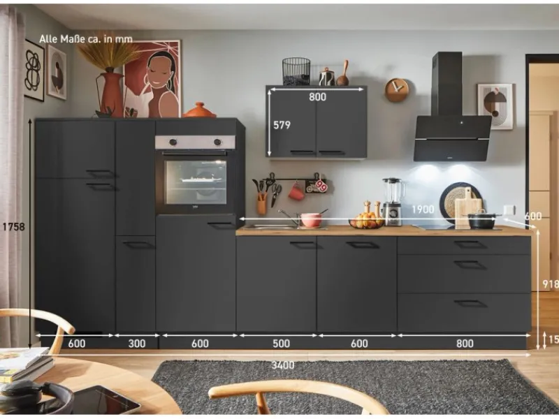Pino Kühlschränke<Küchenzeile 340 cm Grafit Anschlag links 1 Geräte-, 1 Apothekerschrank