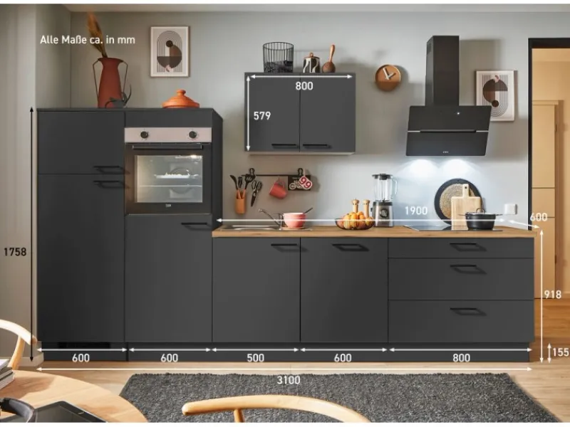 Sale Pino Küchenzeile 310 cm Grafit Anschlag links 2 Geräteschränke