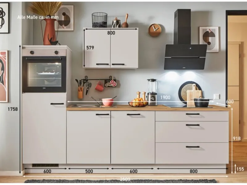 Discount Pino Küchenzeile 250 cm Kaschmirgrau Anschlag links 1 Geräteschrank