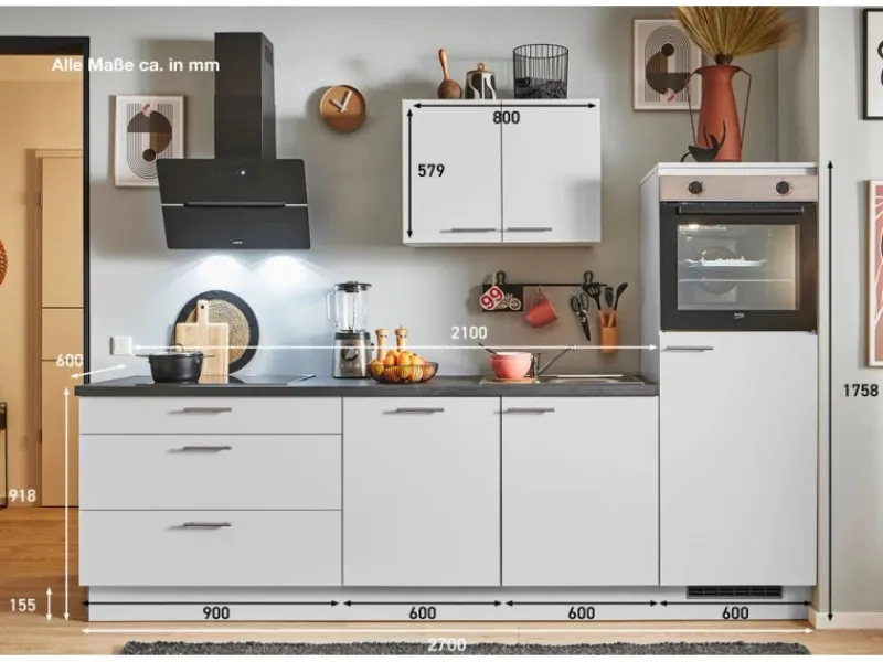 Discount Pino Küchenzeile 270 cm Kaschmirgrau Anschlag rechts 1 Geräteschrank