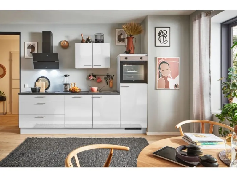 Online Pino Küchenzeile 250 cm Lichtgrau Hochglanz Anschlag rechts 1 Geräteschrank