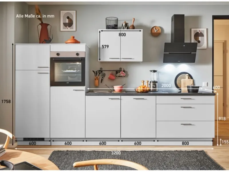 Outlet Pino Küchenzeile 320 cm Lichtgrau Anschlag links 2 Geräteschränke