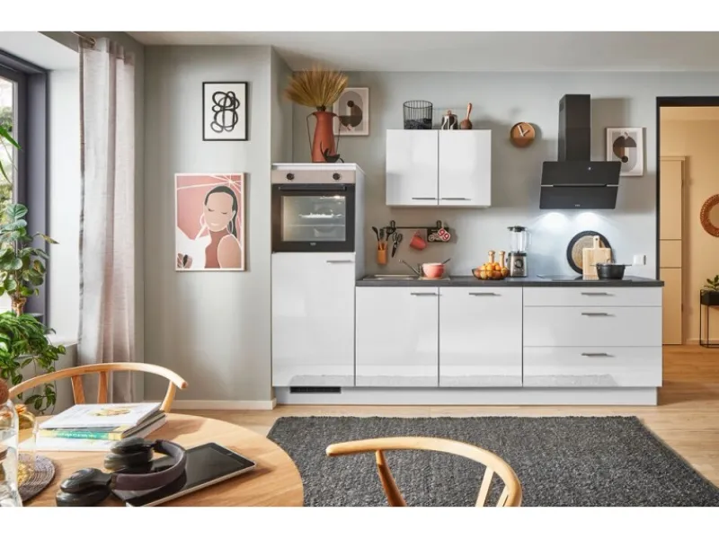 Clearance Pino Küchenzeile 280 cm Lichtgrau Hochglanz Anschlag links 1 Geräteschrank