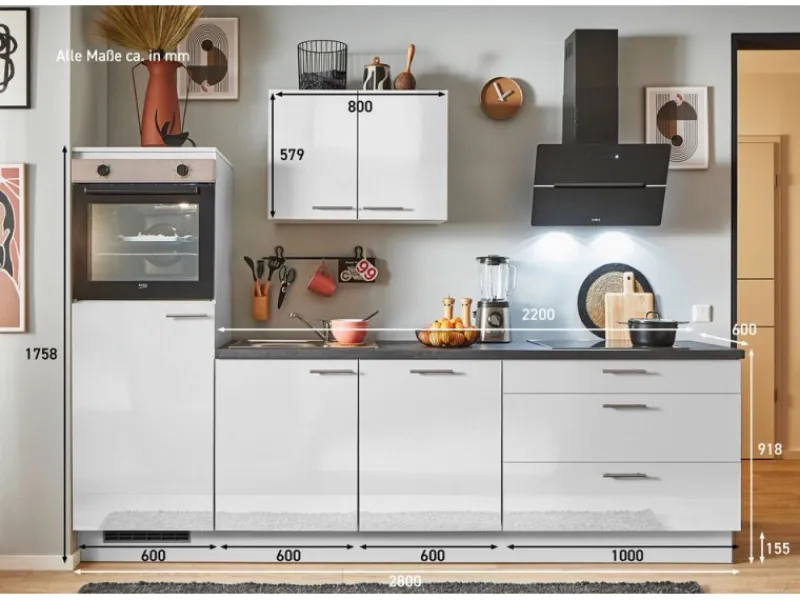 Clearance Pino Küchenzeile 280 cm Lichtgrau Hochglanz Anschlag links 1 Geräteschrank