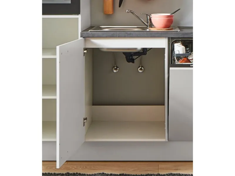 Clearance Pino Küchenzeile 280 cm Lichtgrau Hochglanz Anschlag links 1 Geräteschrank