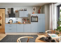 Pino Kühlschränke<Küchenzeile 340 cm Pastellblau Anschlag rechts 2 Geräteschränke