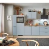 Pino Küchenzeile 280 cm Pastellblau Anschlag links 1 Geräte-, 1 Apothekerschrank< Kochfelder