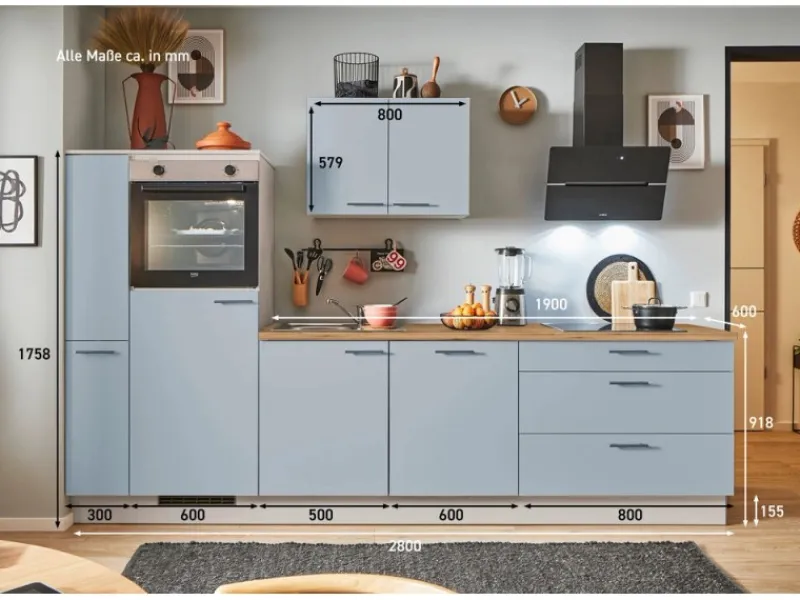 Pino Küchenzeile 280 cm Pastellblau Anschlag links 1 Geräte-, 1 Apothekerschrank< Kochfelder