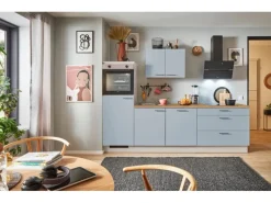 Pino Küchenzeile 250 cm Pastellblau Anschlag links 1 Geräteschrank< Kühlschränke