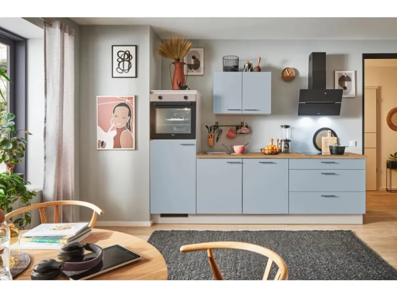 Pino Küchenzeile 250 cm Pastellblau Anschlag links 1 Geräteschrank< Kühlschränke