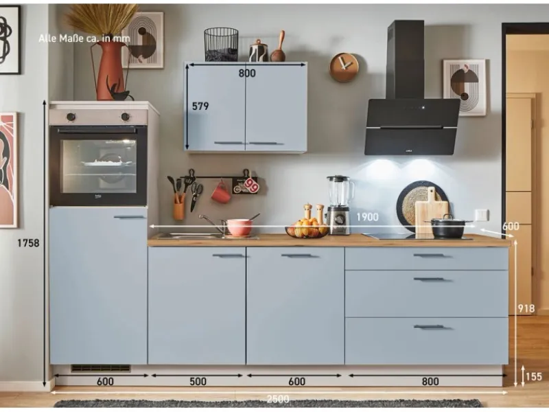Pino Küchenzeile 250 cm Pastellblau Anschlag links 1 Geräteschrank< Kühlschränke