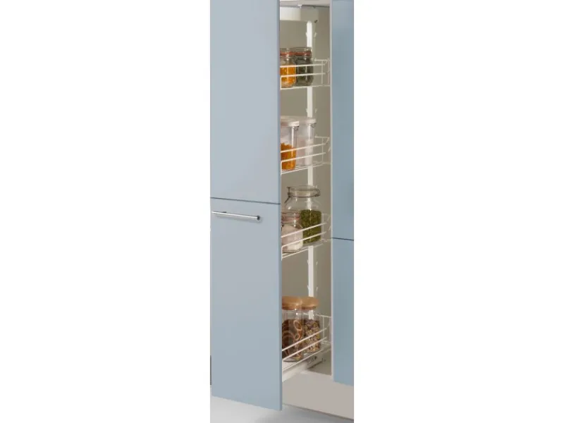 Pino Kochfelder<Küchenzeile 370 cm Pastellblau Anschlag links 1 Geräte-, 1 Apothekerschrank