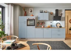 Clearance Pino Küchenzeile 310 cm Pastellblau Anschlag links 2 Geräteschränke