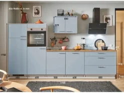 Clearance Pino Küchenzeile 310 cm Pastellblau Anschlag links 2 Geräteschränke