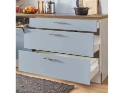 Clearance Pino Küchenzeile 310 cm Pastellblau Anschlag links 2 Geräteschränke