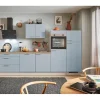 Sale Pino Küchenzeile 330 cm Pastellblau Anschlag rechts 2 Geräteschränke