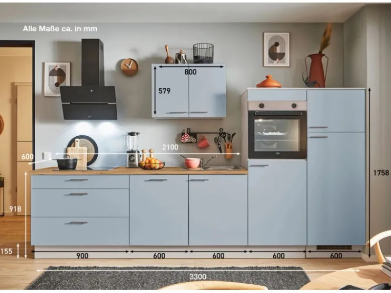 Sale Pino Küchenzeile 330 cm Pastellblau Anschlag rechts 2 Geräteschränke