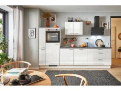 Pino Küchenzeile 300 cm Weiß Hochglanz Anschlag links 1 Geräte-. 1 Seitenschrank< Kühlschränke