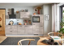 New Pino Küchenzeile 280cm Beton Perlgrau Anschlag R 1 Geräte-, 1 Apothekerschrank