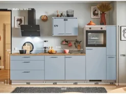 Pino Küchenzeile 300cm Pastellblau Anschlag rechts 1 Geräte-, 1 Apothekerschrank< Kochfelder