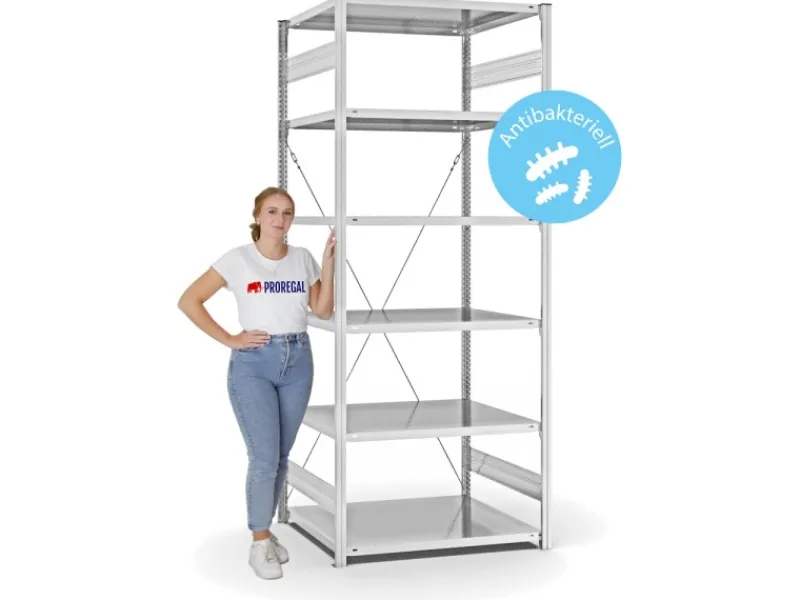 PROREGAL Antibakterielles Fachbodenregal Stecksystem T-Profil HxBxT 250 x 100 x 80 cm 6 Ebenen Traglast 130 kg Antibakterielle Beschichtung Weiß< Küchenregale
