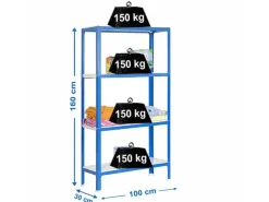 Sale PROREGAL Wohnregal Living Koala Metal mit 4 Fachböden HxBxT 160 x 100 x 30 cm Fachlast 150 kg Blau/Weiß