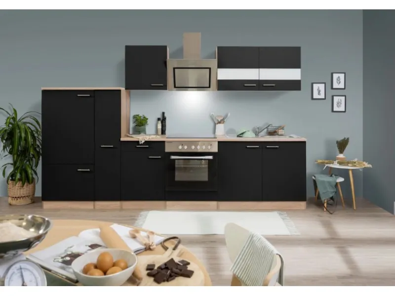 New Respekta Economy Küchenzeile KB300ESSSC 300 cm -Eiche Sägerau Schwarz