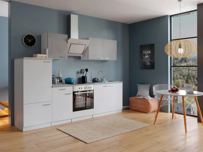 Best Respekta Economy Küchenzeile KB270WWBSC 270 cm Weiß-Beton Optik