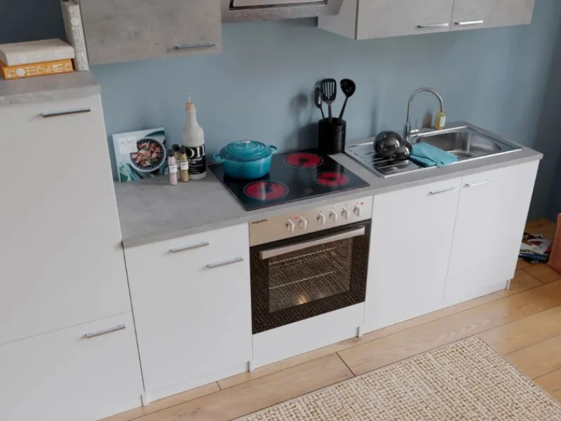 Best Respekta Economy Küchenzeile KB270WWBSC 270 cm Weiß-Beton Optik